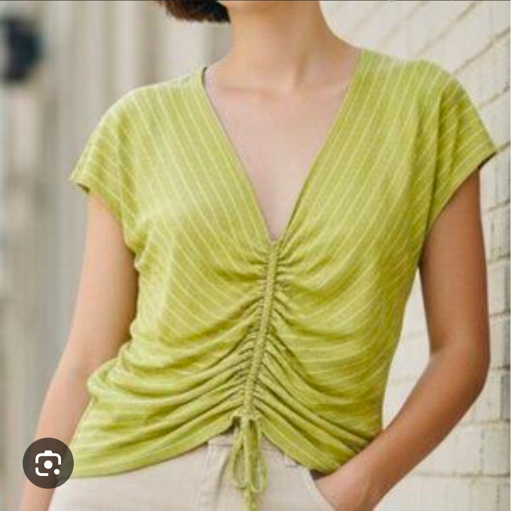 NWT Max Studio cap sleeve chartreuse striped top with front ruching‎ size XL